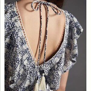 NWT Anthropologie V-Neck Plunge Tunic Mini Dress Color Blue Motif Size L